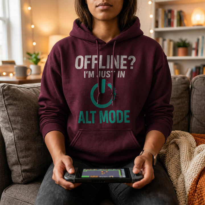 Translation missing: en.maroon hoodie with Cyberpunk Glitch Power Symbol the text OFFLINE? I'M JUST ALT MODE