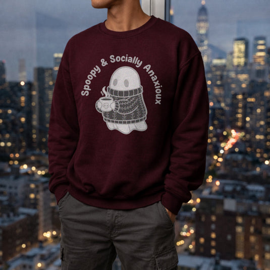 Translation missing: en.Maroon Crewneck Sweatshirt Ghost Graphic Text Reading Spoopy &amp; Socially Anxious 