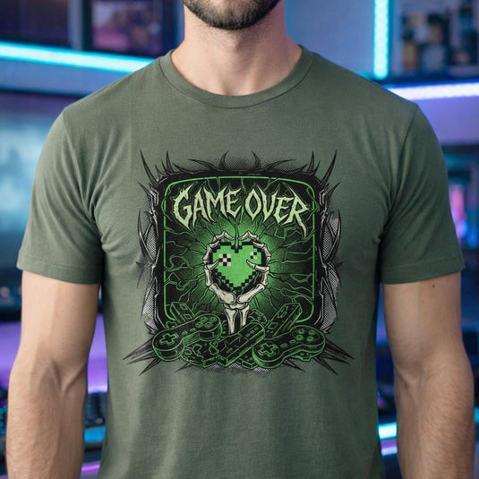 Translation missing: en.Military green cotton tee with graphic of a bone hand holding heart in pixel art style and text "GAME OVER"