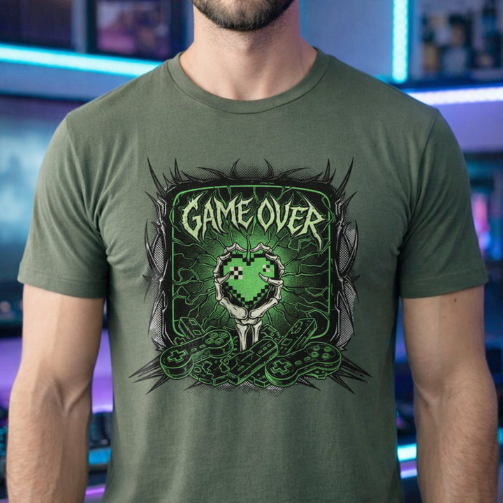Translation missing: en.Military green cotton tee with graphic of a bone hand holding heart in pixel art style and text "GAME OVER"