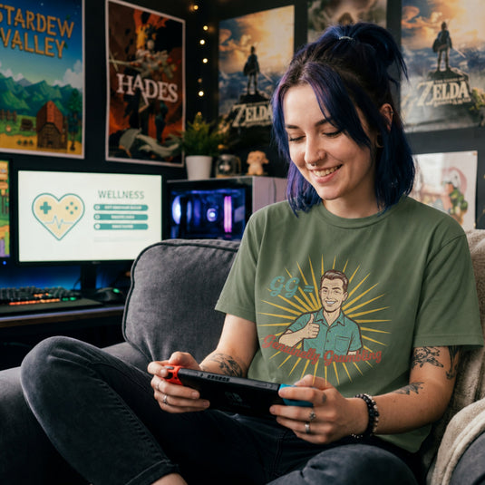 Translation missing: en.Military green cotton tee with retro Inspired man thumbs up graphic and text "Genuinely Grumbling"