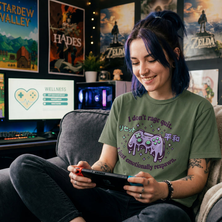 Translation missing: en.Military green t-shirt with a melting pastel purple controller and sparkles reading I don't rage quit I just emotionally respawn