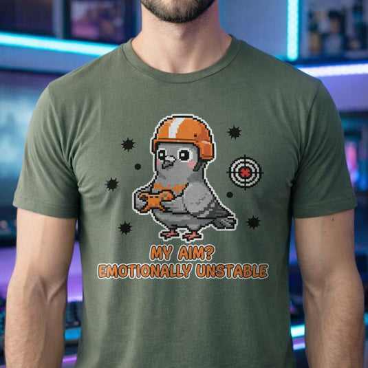 Translation missing: en.Military green tee with cartoon pigeon gamer graphic and text, "MY AIM? EMOTIONALLY UNSTABLE