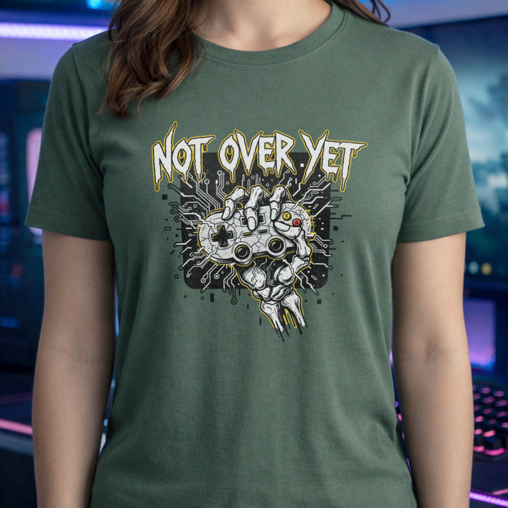Translation missing: en.Military green cotton tee with bone hand holding gamepad graphic text 'Not Over Yet'