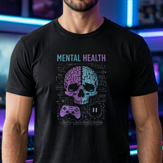 Translation missing: en.Black shirt with text Mental Health above a split purple and blue skull brain graphic, controller, and circuits