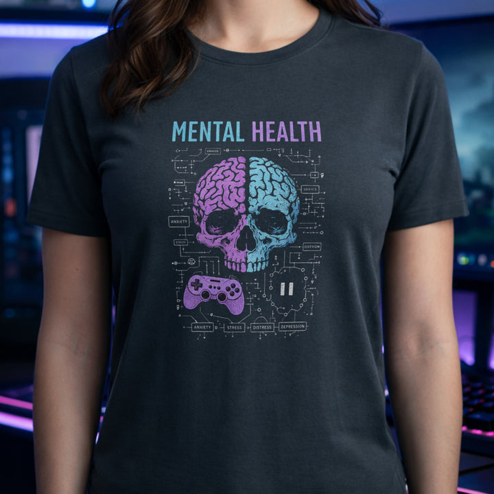 Translation missing: en.Dark Heather shirt with text Mental Health above a split purple and blue skull brain graphic, controller, and circuits