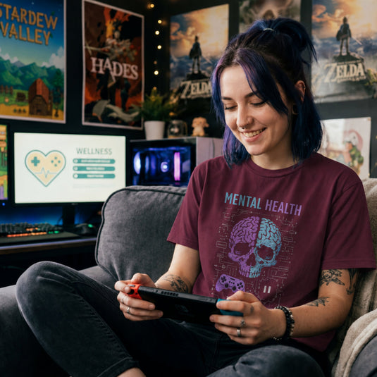 Translation missing: en.Maroon shirt with text Mental Health above a split purple and blue skull brain graphic, controller, and circuits