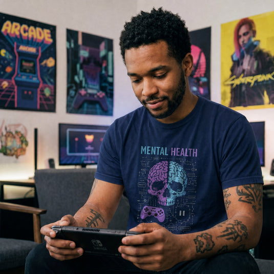 Translation missing: en.Navy shirt with text Mental Health above a split purple and blue skull brain graphic, controller, and circuits