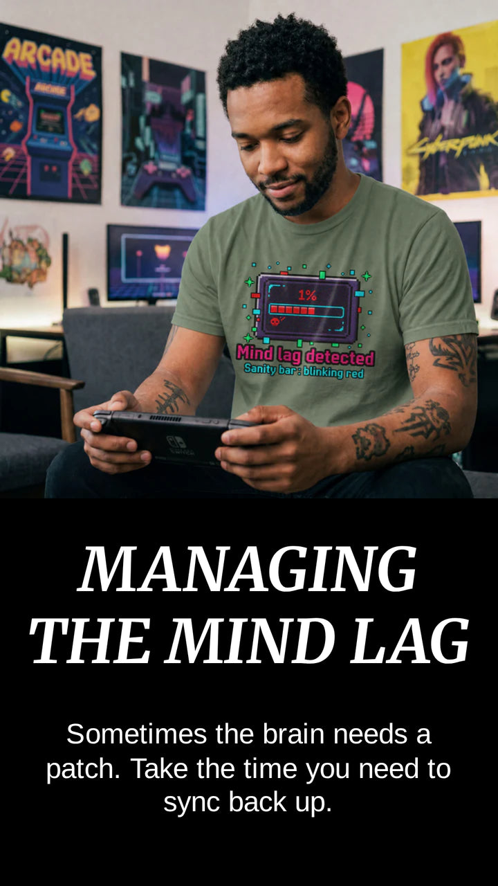 Translation missing: en.Man playing a video game with text 'Managing the Mind Lag' and motivational quote