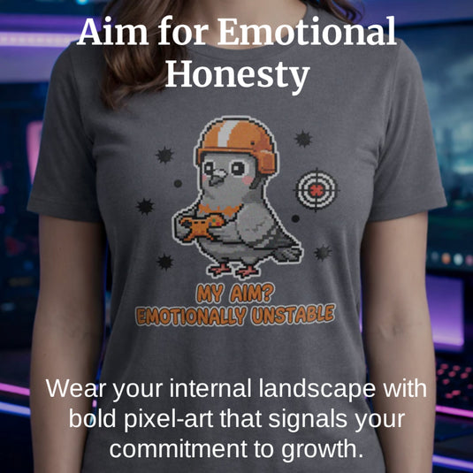 Translation missing: en.Overlaid with the slogan 'Aim for Emotional Honesty' and additional  text at the bottom, "wear your internal landscape with bold pixel-art that signals your commitment to growth."