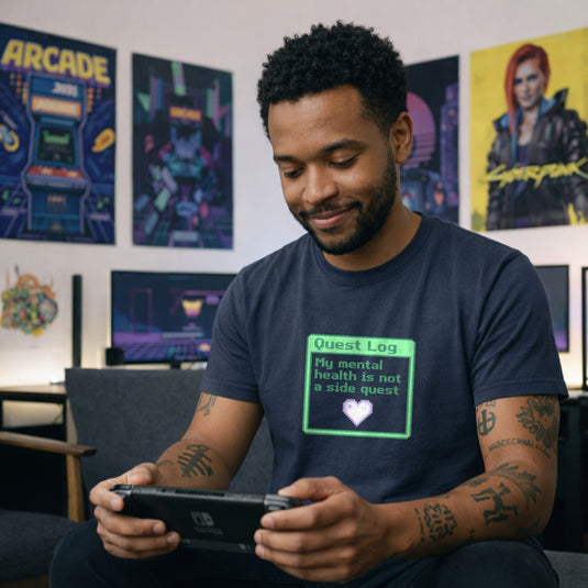 Translation missing: en.Heather navy shirt with a green pixel art quest log graphic reading My mental health is not a side quest with a heart