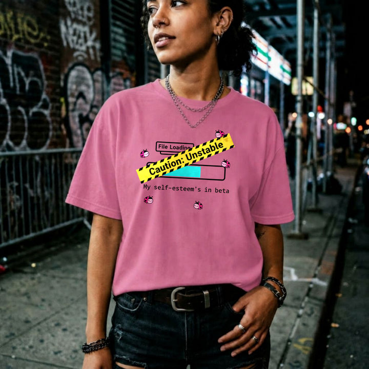 Translation missing: en.Azalea t-shirt with a loading bar, yellow caution tape, ladybugs, and text My self-esteem's in beta