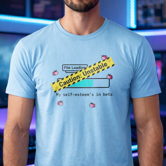 Translation missing: en.Light blue t-shirt with a loading bar, yellow caution tape, ladybugs, and text My self-esteem's in beta