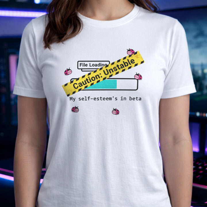 Translation missing: en.White t-shirt with a loading bar, yellow caution tape, ladybugs, and text My self-esteem's in beta