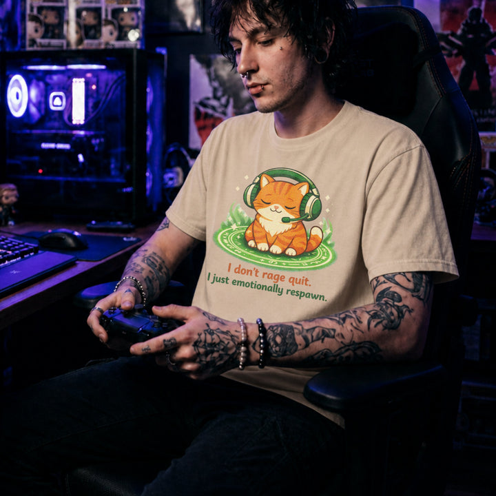 Translation missing: en.Natural cotton tee laid-back orange cat with headphones graphic text, "I don't rage quit I just emotionally respawn