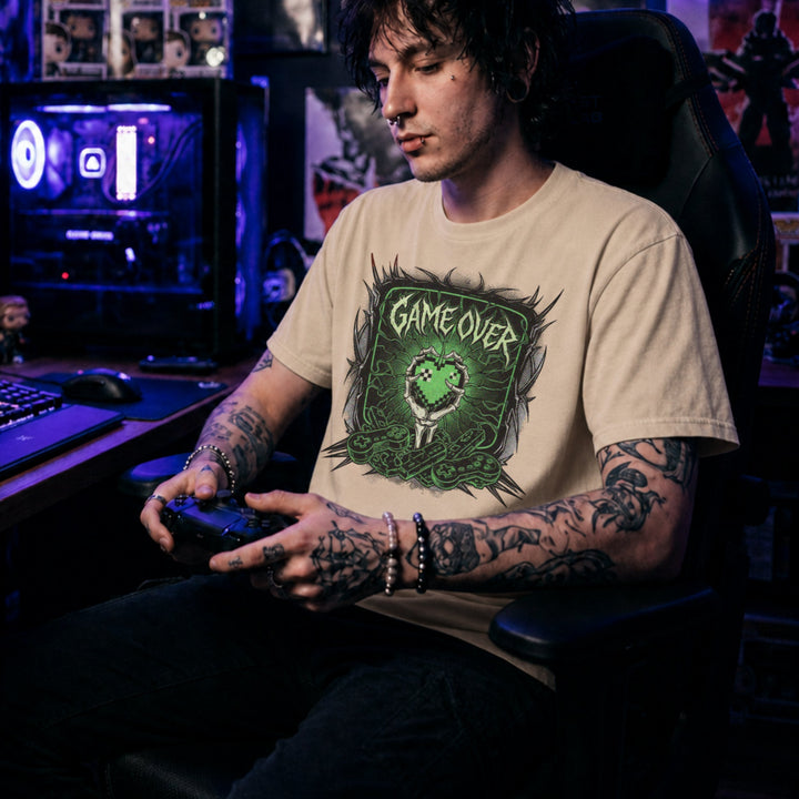 Translation missing: en.Natural cotton tee with graphic of a bone hand holding heart in pixel art style and text "GAME OVER"