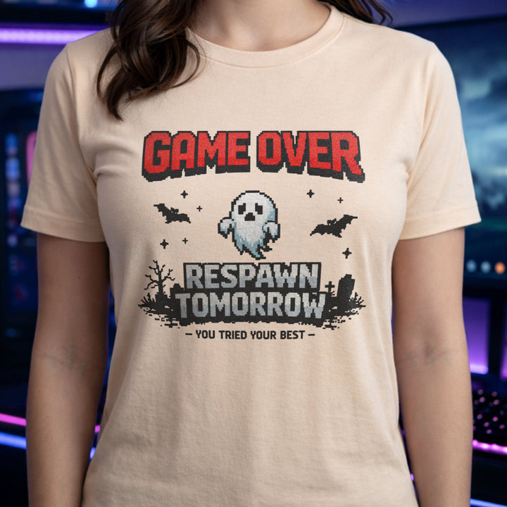 Translation missing: en.Natural tee with retro pixel text reading Game Over Respawn Tomorrow You Tried Your Best with a ghost and bats