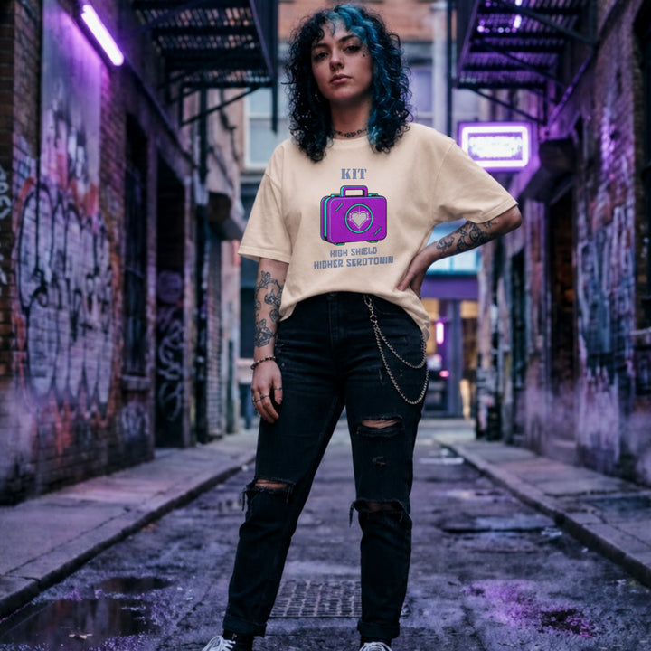 Translation missing: en.Natural cotton tee with heart loot drop case graphic and text, HIGH SHIELD HIGHER SEROTONIN