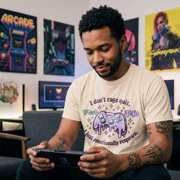 Translation missing: en.Natural t-shirt with a melting pastel purple controller and sparkles reading I don't rage quit I just emotionally respawn