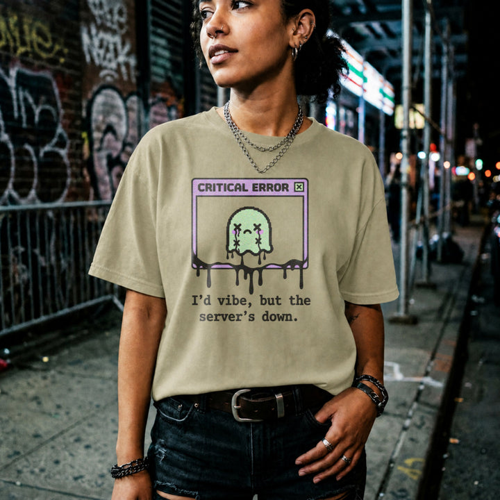 Translation missing: en.Natural cotton tee with graphic critical error box with pixel art character text "I'd vibe but server's down"