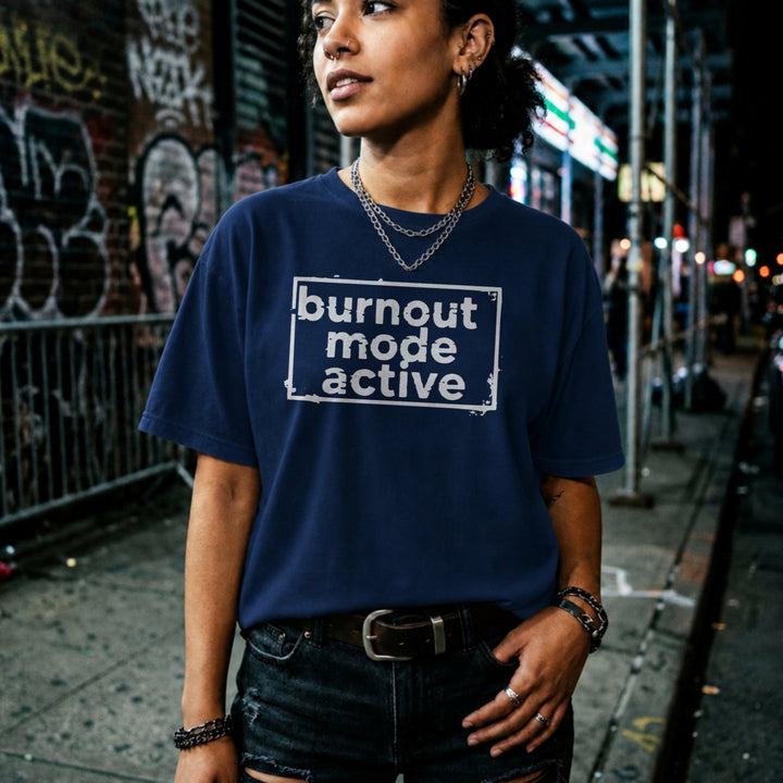 Translation missing: en.Navy cotton t-shirt with 'burnout mode active' large text in a box