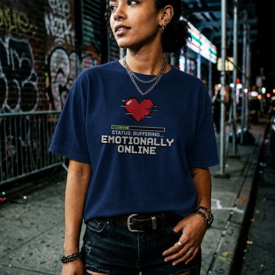 Translation missing: en.Navy Emotionally Online Gamer Tee With Retro Pixel Art Glitching Heart And Loading Bar