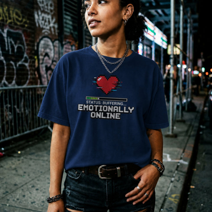 Translation missing: en.Navy Emotionally Online Gamer Tee With Retro Pixel Art Glitching Heart And Loading Bar
