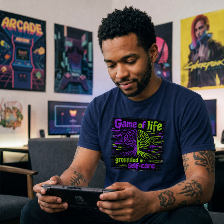Translation missing: en.Navy t-shirt with Game of life grounded in self-care neon graphic showing a circuit board brain tree design