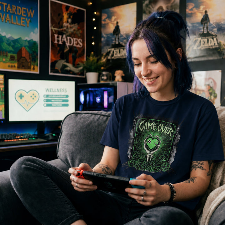 Translation missing: en.Navy cotton tee with graphic of a bone hand holding heart in pixel art style and text "GAME OVER"
