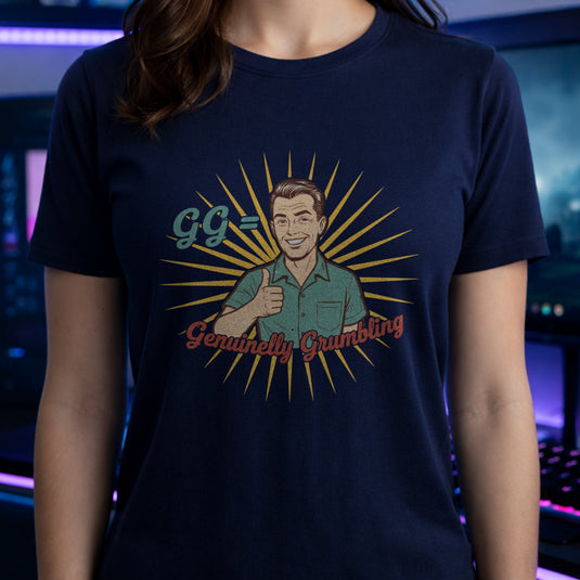 Translation missing: en.Navy cotton tee with retro Inspired man thumbs up graphic and text "Genuinely Grumbling"