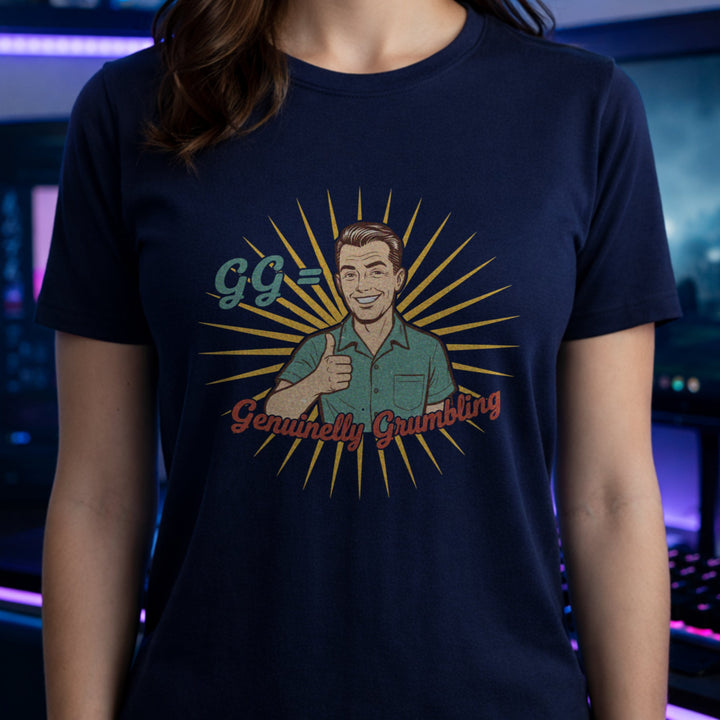 Translation missing: en.Navy cotton tee with retro Inspired man thumbs up graphic and text "Genuinely Grumbling"