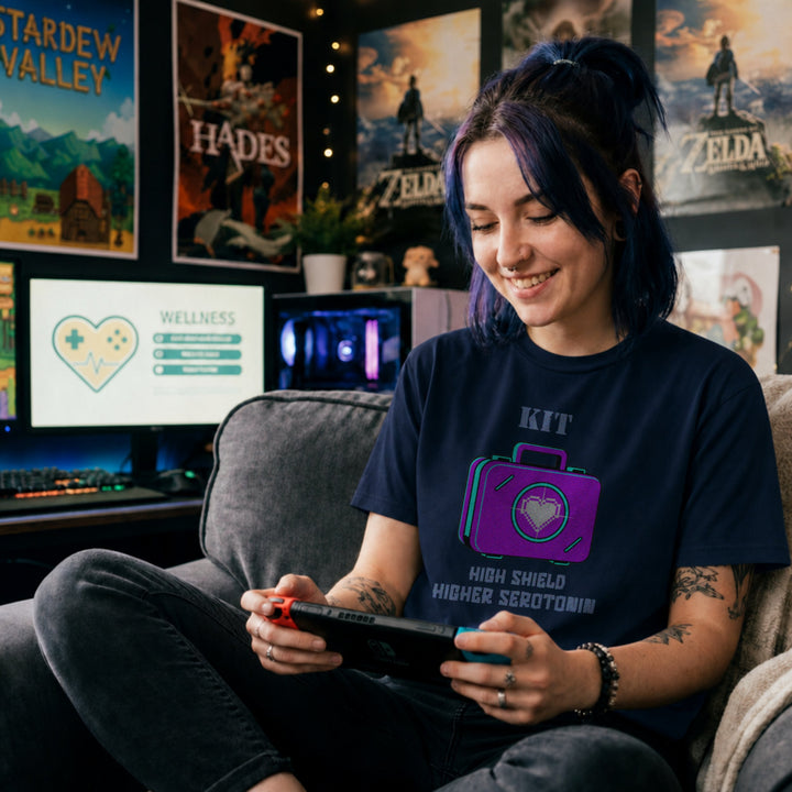 Translation missing: en.Navy cotton tee with heart loot drop case graphic and text, HIGH SHIELD HIGHER SEROTONIN