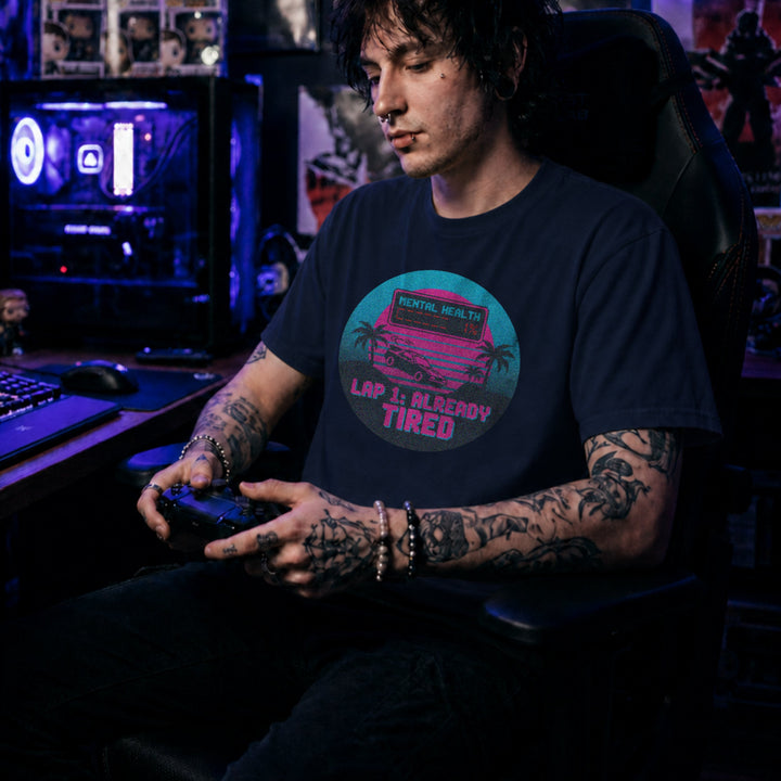Translation missing: en.Navy Cotton Tee With Neon Retro Synthwave Pixelated graphic Text, "Mental Health 1% Lap 1 Already Tired"