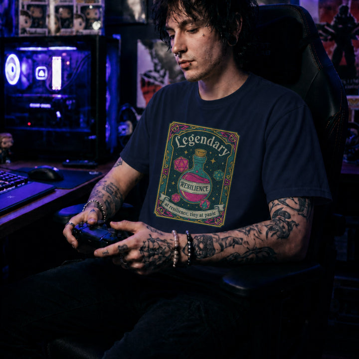 Translation missing: en.Navy cotton tee with dice and resilience potion tarot card graphic and text, "Legendary at resilience, tiny at panic"