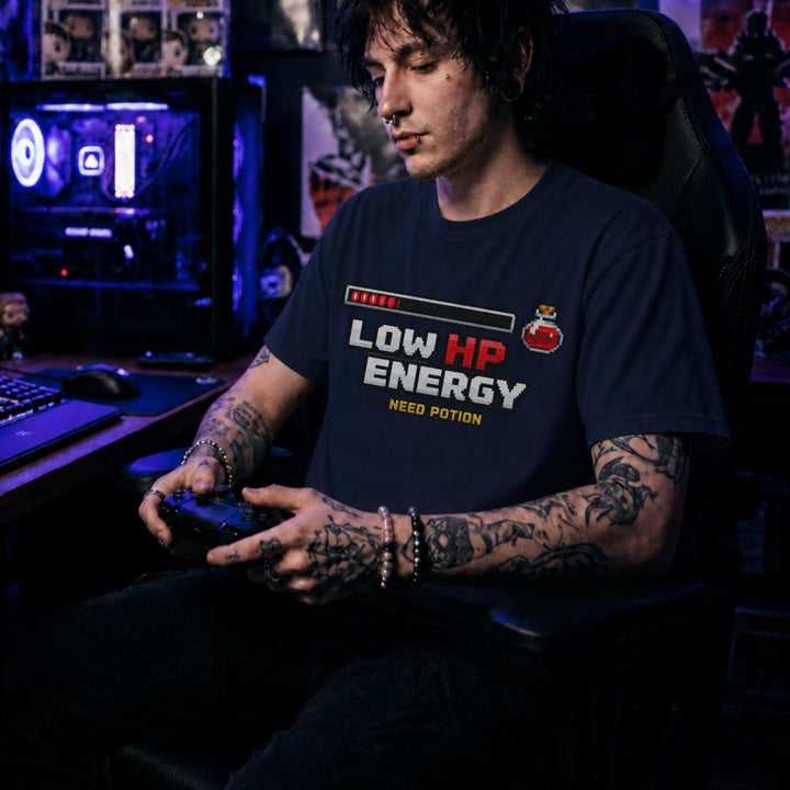 Translation missing: en.Navy cotton tee health bar and potion graphic with text, LOW HP ENERGY NEED POTION 