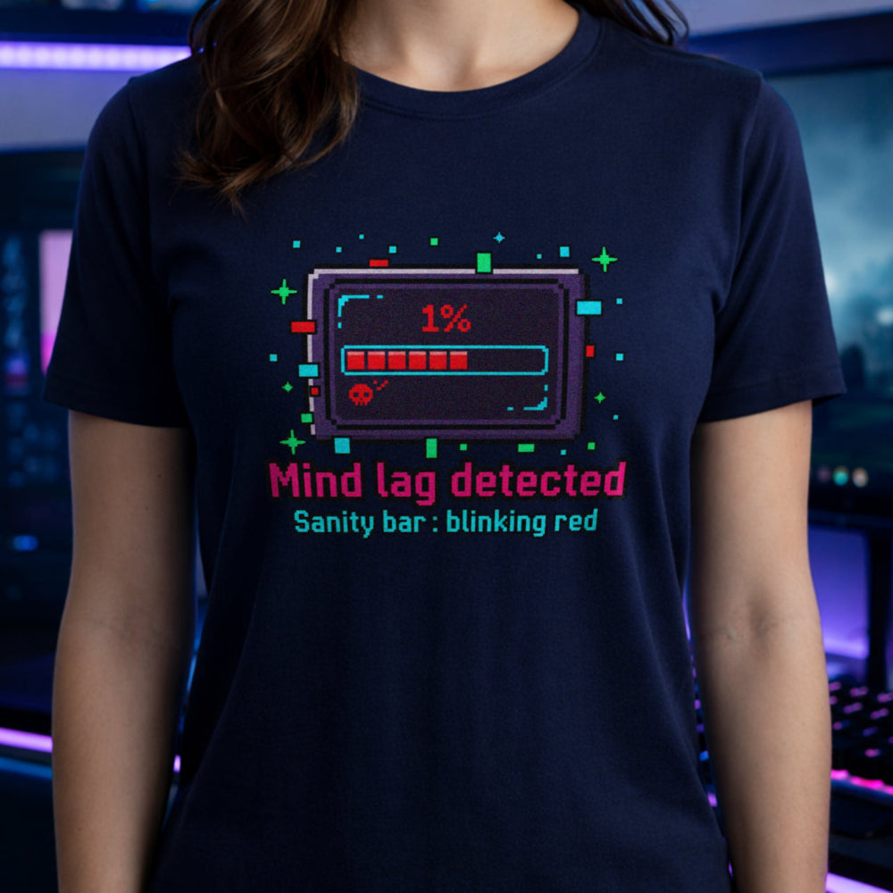 Translation missing: en.Alt n Vibe navy Cotton tee health bar box graphic text reading, "Mind lag detected" sub text Sanity Bar: blinking red 