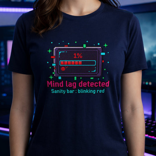 Translation missing: en.Navy Cotton tee health bar box graphic text reading, "Mind lag detected" sub text Sanity Bar: blinking red 