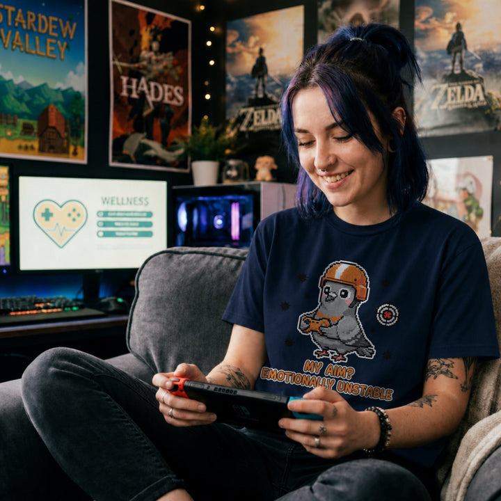 Translation missing: en.Navy tee with cartoon pigeon gamer graphic and text, "MY AIM? EMOTIONALLY UNSTABLE