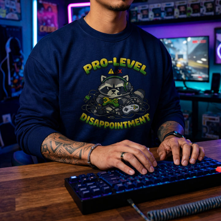 Translation missing: en.Navy sweatshirt with Grumpy Raccoon graphic reading Pro-Level Disappointment