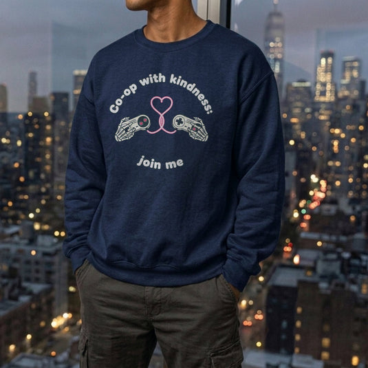 Translation missing: en.Navy unisex crewneck sweatshirt with gamepad heart graphic reading, co-op with kindness join me