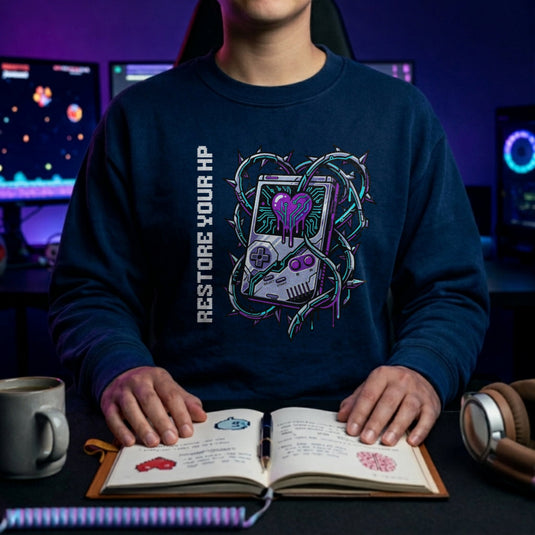 Translation missing: en.Navy Crewneck Sweatshirt With Retro Handheld Heart Graphic Reading, Restore Your HP 
