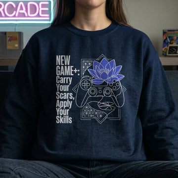 Translation missing: en.Navy Crewneck Sweatshirt  Gamer Controller serene blue lotus Graphic With Text, New Game Plus
