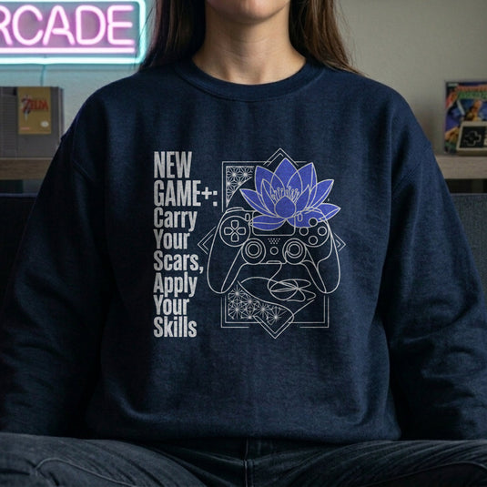 Translation missing: en.Navy Crewneck Sweatshirt  Gamer Controller serene blue lotus Graphic With Text, New Game Plus