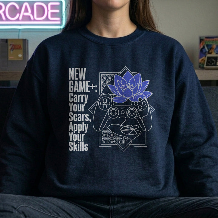 Translation missing: en.Navy Crewneck Sweatshirt  Gamer Controller serene blue lotus Graphic With Text, New Game Plus