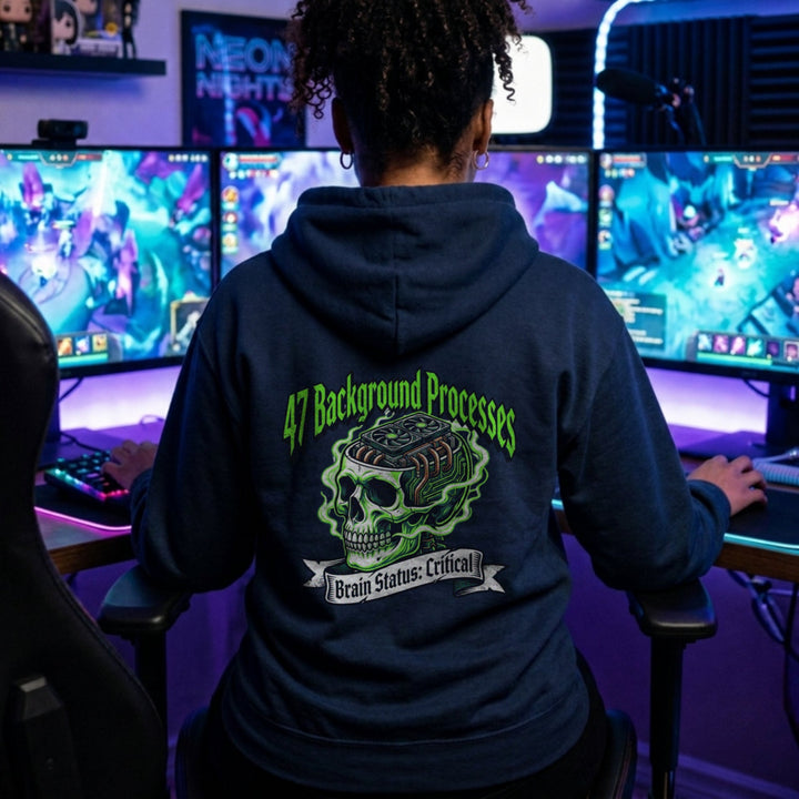 Translation missing: en.Navy Back Print Pullover Hoodie Overheating Skull Text Reading 47 Background Processes 