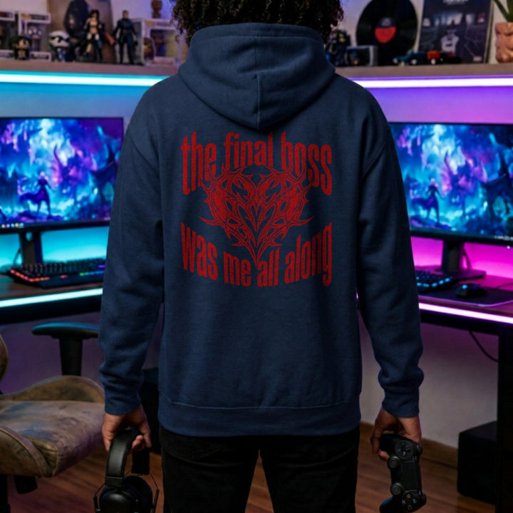 Translation missing: en.Navy back print pullover hoodie with  Tribal Heart Gamer graphic and text, The Final Boss Was Me 