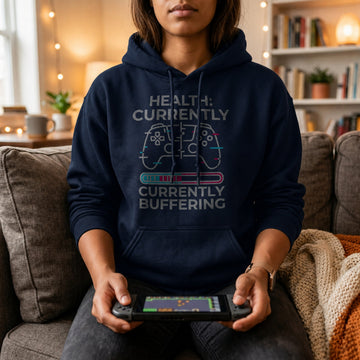 Translation missing: en.Navy Glitch Controller Gamer Graphic Pullover Hoodie Text, Reading Health Currently Buffering
