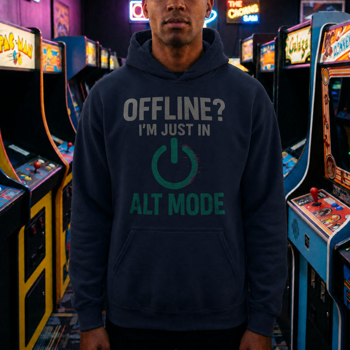 Translation missing: en.Navy hoodie with Cyberpunk Glitch Power Symbol the text OFFLINE? I'M JUST ALT MODE