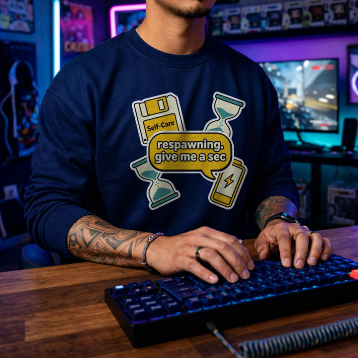 Translation missing: en.Navy Crewneck Sweatshirt Self Care Floppy Disk Graphic With Text Respawning Give Me A Sec