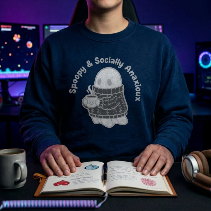 Translation missing: en.Navy Crewneck Sweatshirt Ghost Graphic Text Reading Spoopy &amp; Socially Anxious 